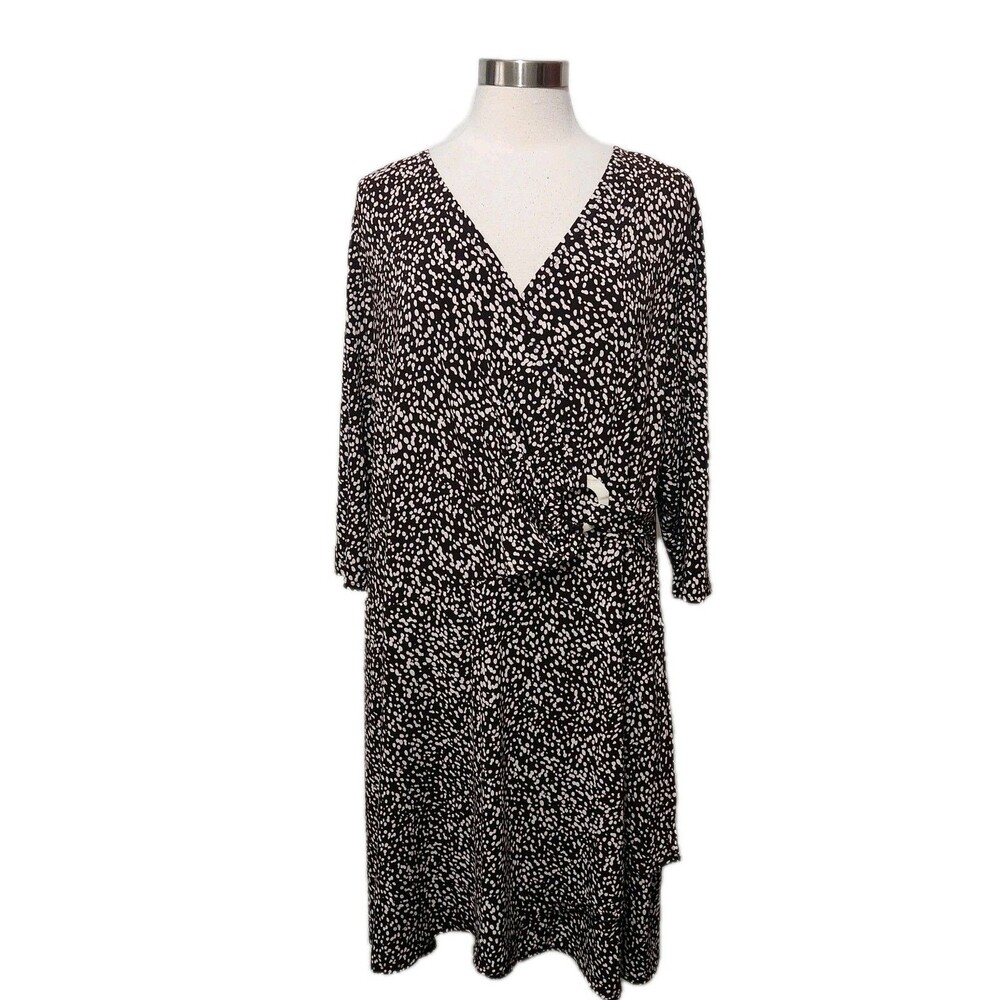 Ronni Nicole Dress 22W Brown Faux Wrap Side Buckle 3/4 Sleeve V-Neck Stretchy